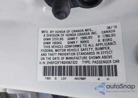 2016 Honda Civic Ex from USA, damaged, VIN 2HGFC2F74GH567322